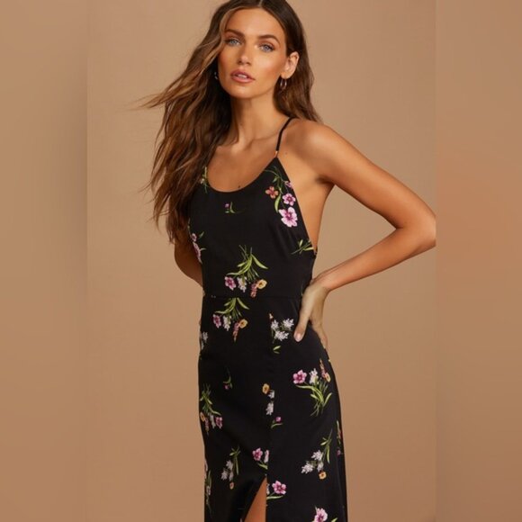 Lulus Blooming Vision Black Floral Maxi Dress Side Slit Size LARGE - Picture 2 of 13